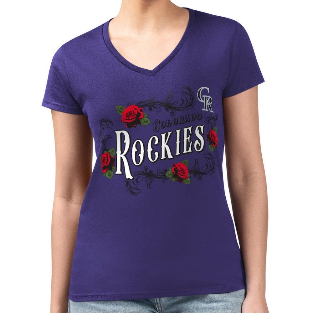 Colorado Rockies G-III 4Her by Carl Banks Women's Super-Slim Fit Lightweight Retro Roses V-Neck T-Shirt for sale
