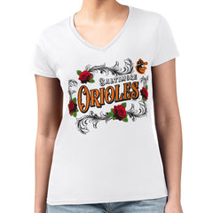 Baltimore Orioles G-III 4Her by Carl Banks Women's Super-Slim Fit Lightweight Retro Roses V-Neck T-Shirt for sale