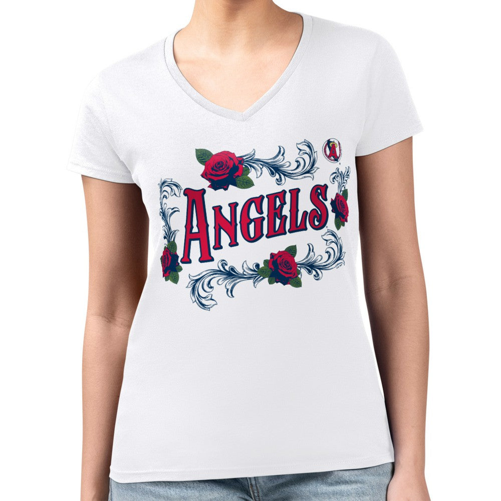 Los Angeles Angels G-III 4Her by Carl Banks Women's Super-Slim Fit Lightweight Retro Roses V-Neck T-Shirt for sale