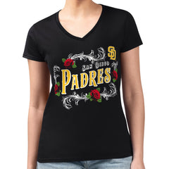 San Diego Padres G-III 4Her by Carl Banks Women's Super-Slim Fit Lightweight Retro Roses V-Neck T-Shirt Discount