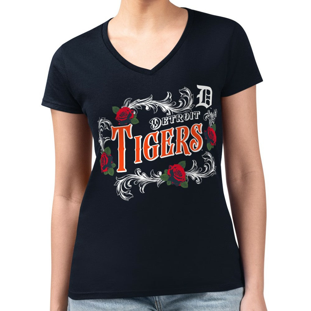 Detroit Tigers G-III 4Her by Carl Banks Women's Super-Slim Fit Lightweight Retro Roses V-Neck T-Shirt Outlet