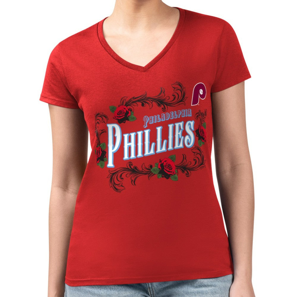 Philadelphia Phillies G-III 4Her by Carl Banks Women's Super-Slim Fit Lightweight Retro Roses V-Neck T-Shirt for sale