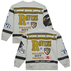 Baltimore Ravens All Over Print Vintage Fleece Crewneck Sweatshirt - Heather Gray - Mitchell & Ness