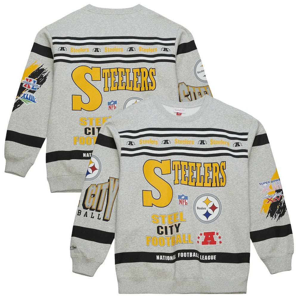 Pittsburgh Steelers All Over Print Vintage Fleece Crewneck Sweatshirt - Heather Gray - Mitchell & Ness