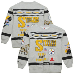 Pittsburgh Steelers All Over Print Vintage Fleece Crewneck Sweatshirt - Heather Gray - Mitchell & Ness