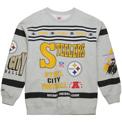 Pittsburgh Steelers All Over Print Vintage Fleece Crewneck Sweatshirt - Heather Gray - Mitchell & Ness