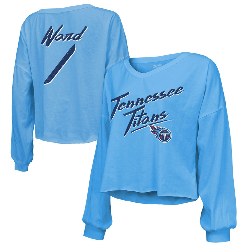 Cameron Ward Tennessee Titans Majestic Threads Women's Name & Number Off-Shoulder Script Cropped Long Sleeve Relaxed V-Neck T-Shirt - Light Blue - NFL