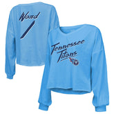 Cameron Ward Tennessee Titans Majestic Threads Women's Name & Number Off-Shoulder Script Cropped Long Sleeve Relaxed V-Neck T-Shirt - Light Blue - NFL