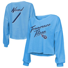 Cameron Ward Tennessee Titans Majestic Threads Women's Name & Number Off-Shoulder Script Cropped Long Sleeve Relaxed V-Neck T-Shirt - Light Blue - NFL