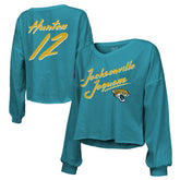 Travis Hunter Jacksonville Jaguars Majestic Threads Women's Name & Number Off-Shoulder Script Cropped Long Sleeve Relaxed V-Neck T-Shirt - Teal - NFL