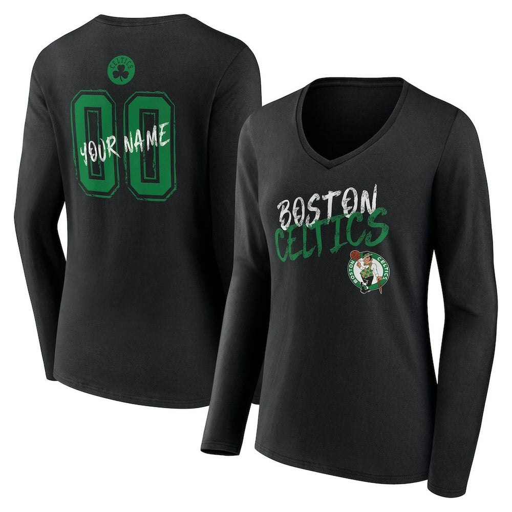 Boston Celtics Women's Hustle Custom Long Sleeve V-Neck T-Shirt Black