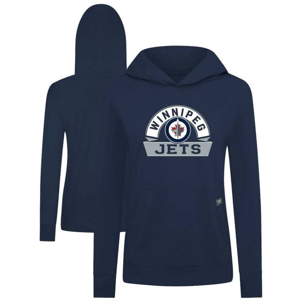 Winnipeg Jets Levelwear Women's Relay Banner Arch Pullover Hoodie - Navy | NHL Lifestyle