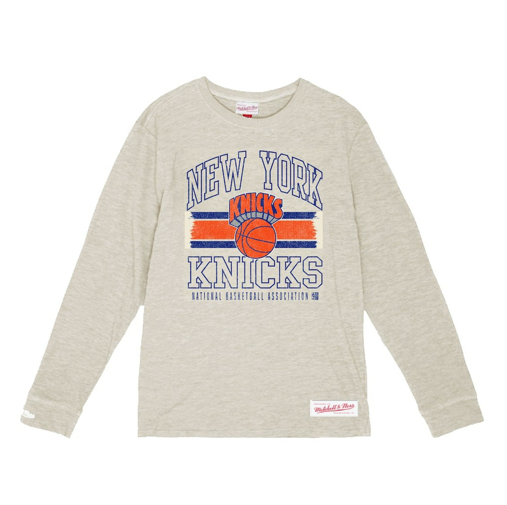 Mitchell & Ness New York Knicks Striped Logo Lockup Premium T-Shirt Cream
