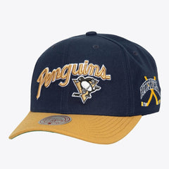 Pittsburgh Penguins Mitchell & Ness x Just Don Wave Script Pro Strapback Hat - Navy/Gold | NHL near me