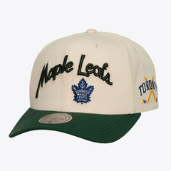 Toronto Maple Leafs Mitchell & Ness x Just Don Wave Script Pro Strapback Hat - Cream/Green | NHL Lifestyle