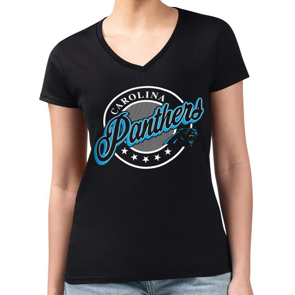 Carolina Panthers G-III 4Her by Carl Banks Women's Super-Slim Fit Lightweight Pinstripe Circle V-Neck T-Shirt - Black - NFL