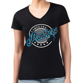 Carolina Panthers G-III 4Her by Carl Banks Women's Super-Slim Fit Lightweight Pinstripe Circle V-Neck T-Shirt - Black - NFL