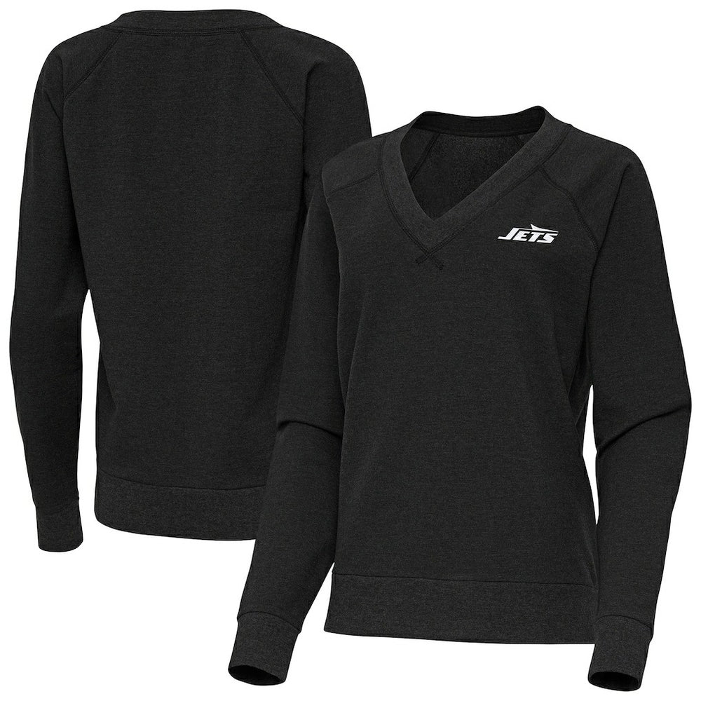 New York Jets Antigua Women's Varsity Tri-Blend V-Neck Long Sleeve T-Shirt - Heather Black - NFL