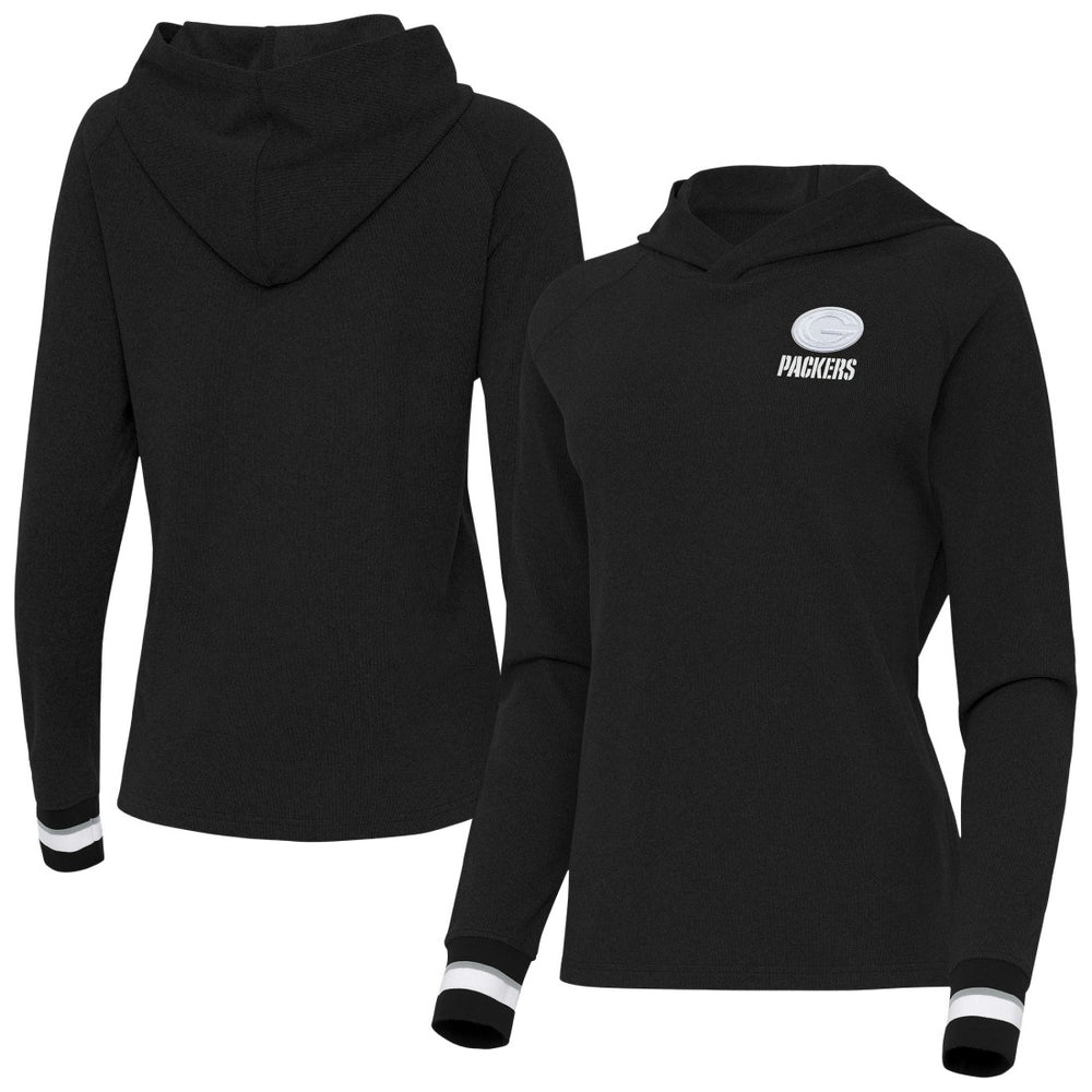 Green Bay Packers Antigua Women's Trek Raglan Pullover Hoodie - Black - NFL