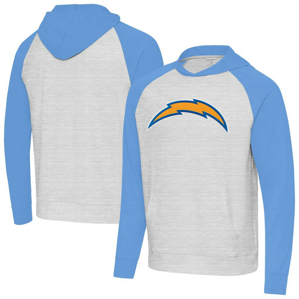 Los Angeles Chargers Antigua Urgent Raglan Pullover Hoodie - Heather Gray/Heather Powder Blue - NFL