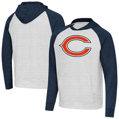 Chicago Bears Antigua Urgent Raglan Pullover Hoodie - Heather Gray/Heather Navy - NFL