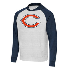 Chicago Bears Antigua Urgent Raglan Pullover Hoodie - Heather Gray/Heather Navy - NFL
