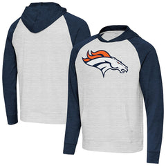 Denver Broncos Antigua Urgent Raglan Pullover Hoodie - Heather Gray/Heather Navy - NFL