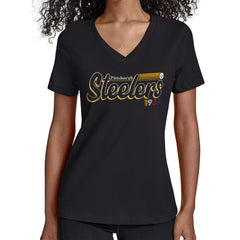Pittsburgh Steelers Starter Women's Groovy Script V-Neck T-Shirt - Black - NFL