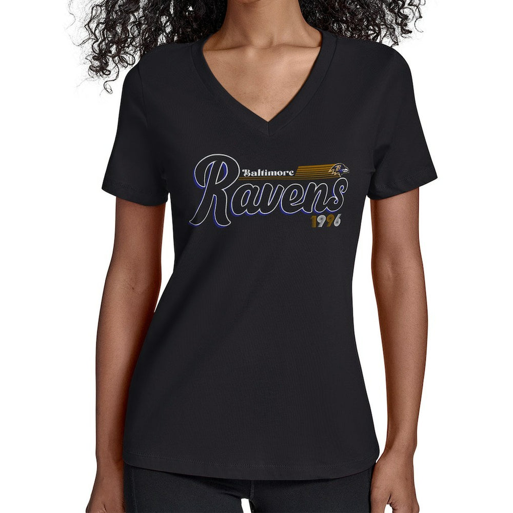 Baltimore Ravens Starter Women's Groovy Script V-Neck T-Shirt - Black - NFL