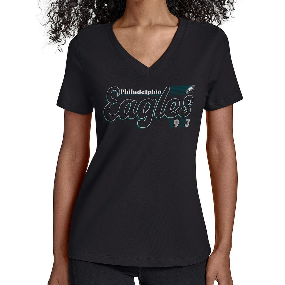 Philadelphia Eagles Starter Women's Groovy Script V-Neck T-Shirt - Black - NFL