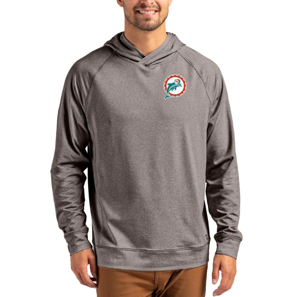 Miami Dolphins Cutter & Buck Adapt Historic Knit Recycled Raglan Pullover Hoodie - Heather Gray - NFL