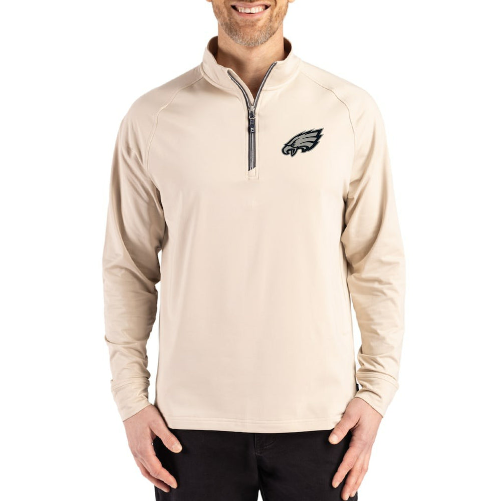 Philadelphia Eagles Cutter & Buck Adapt Eco Knit Stretch Recycled Quarter-Zip Pullover - Tan - NFL