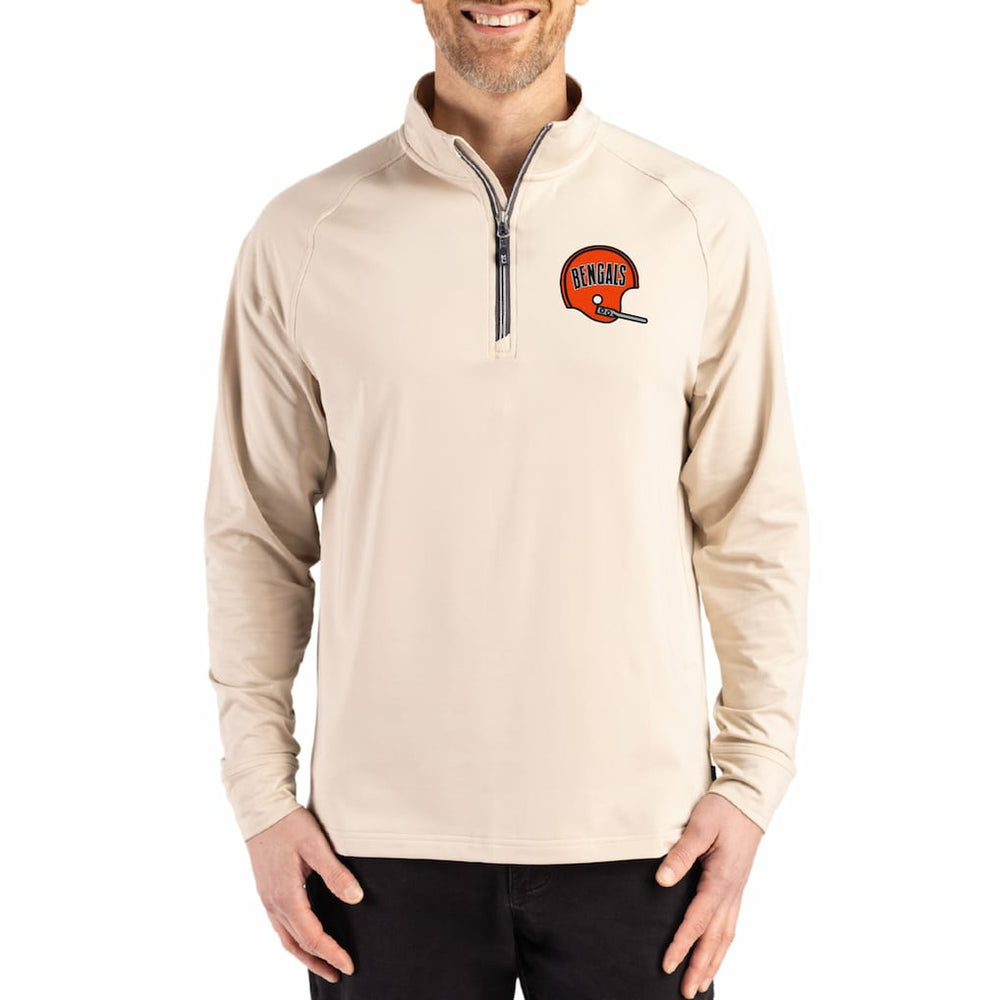 Cincinnati Bengals Cutter & Buck Throwback Logo Adapt Eco Knit Stretch Recycled Quarter-Zip Pullover - Tan - NFL