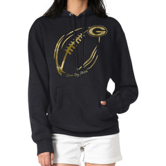 Green Bay Packers G-III 4Her by Carl Banks Women's Metallic Print Football Sketch Fleece Pullover Hoodie - Black - NFL
