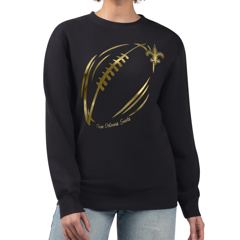 New Orleans Saints G-III 4Her by Carl Banks Women's Metallic Print Football Sketch Fleece Crewneck Sweatshirt - Black - NFL