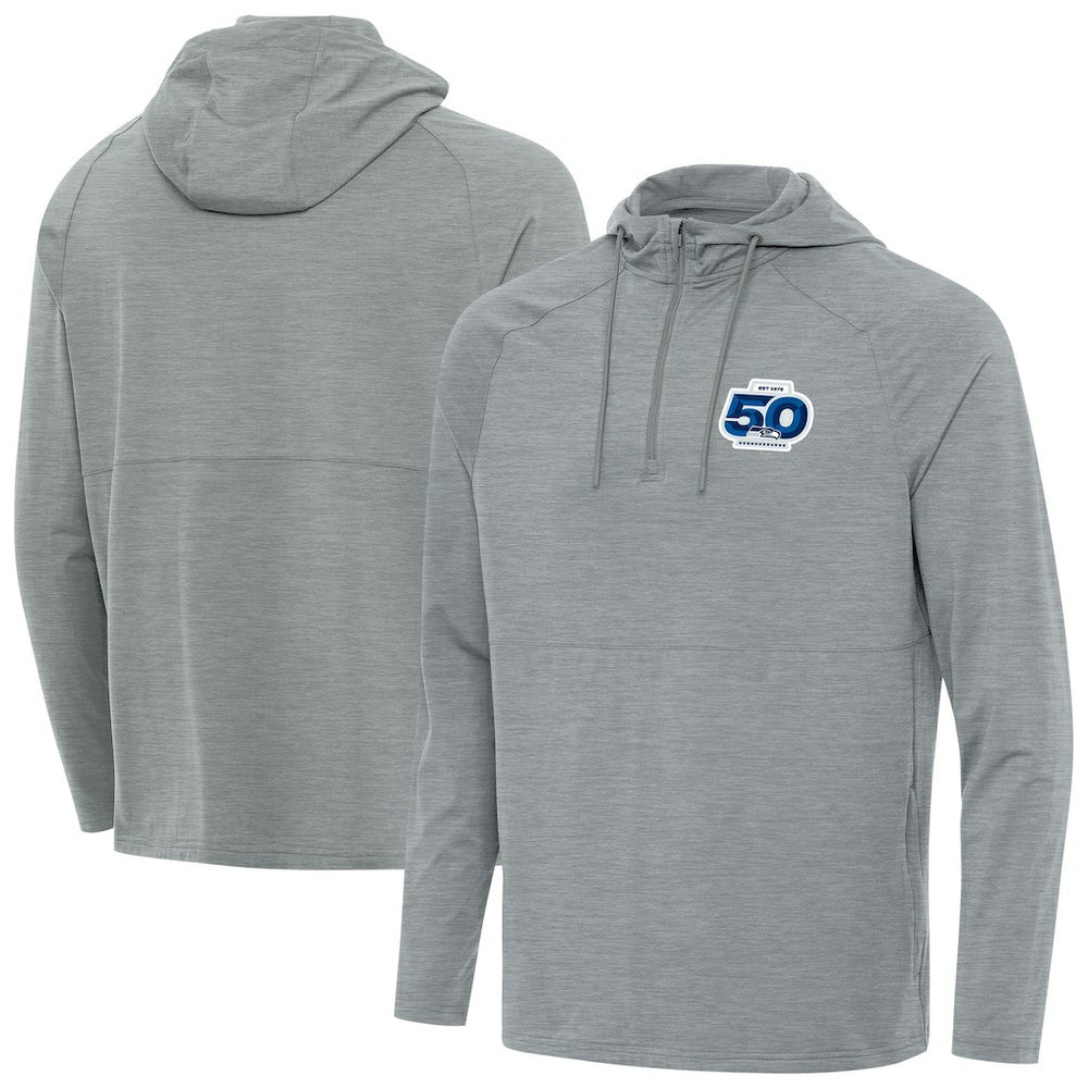 Seattle Seahawks Antigua 50th Season Spikes Raglan Quarter-Zip Hoodie - Heather Gray - NFL