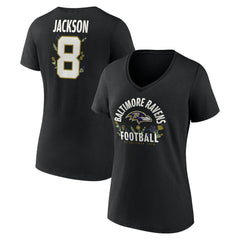 Lamar Jackson Baltimore Ravens Women's Floral Name & Number V-Neck T-Shirt - Black - NFL