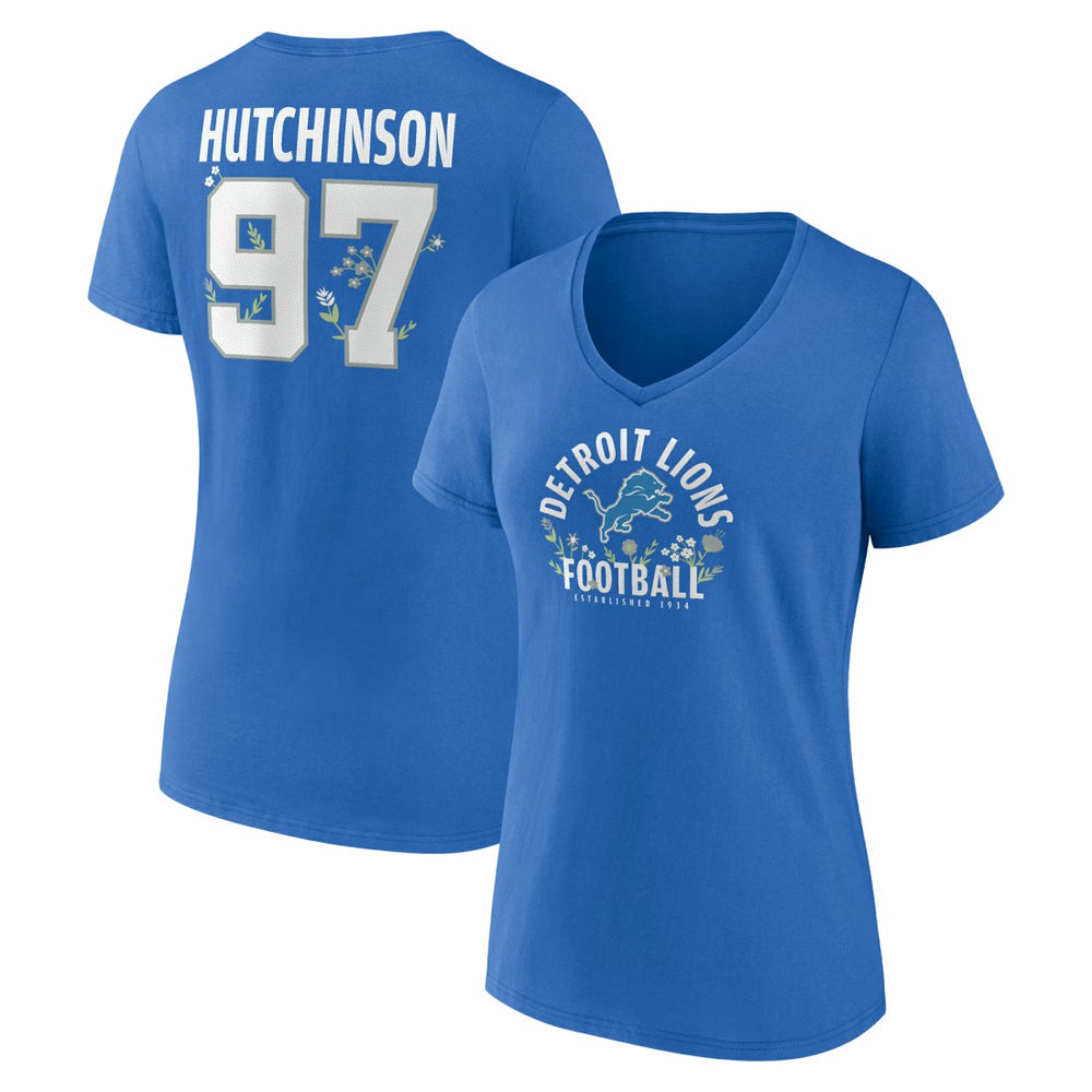 Aidan Hutchinson Detroit Lions Women's Floral Name & Number V-Neck T-Shirt - Blue - NFL