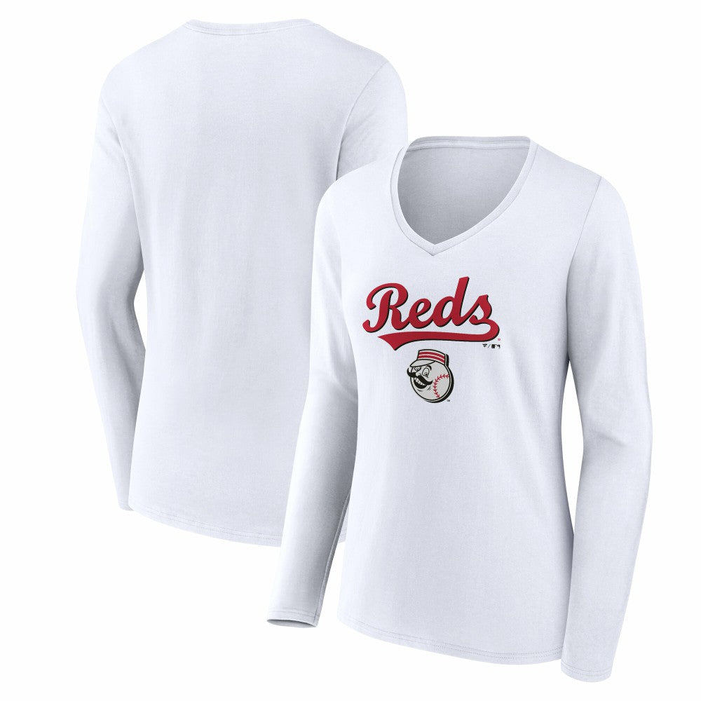 Cincinnati Reds Women's Team Lockup Long Sleeve V-Neck T-Shirt Sale