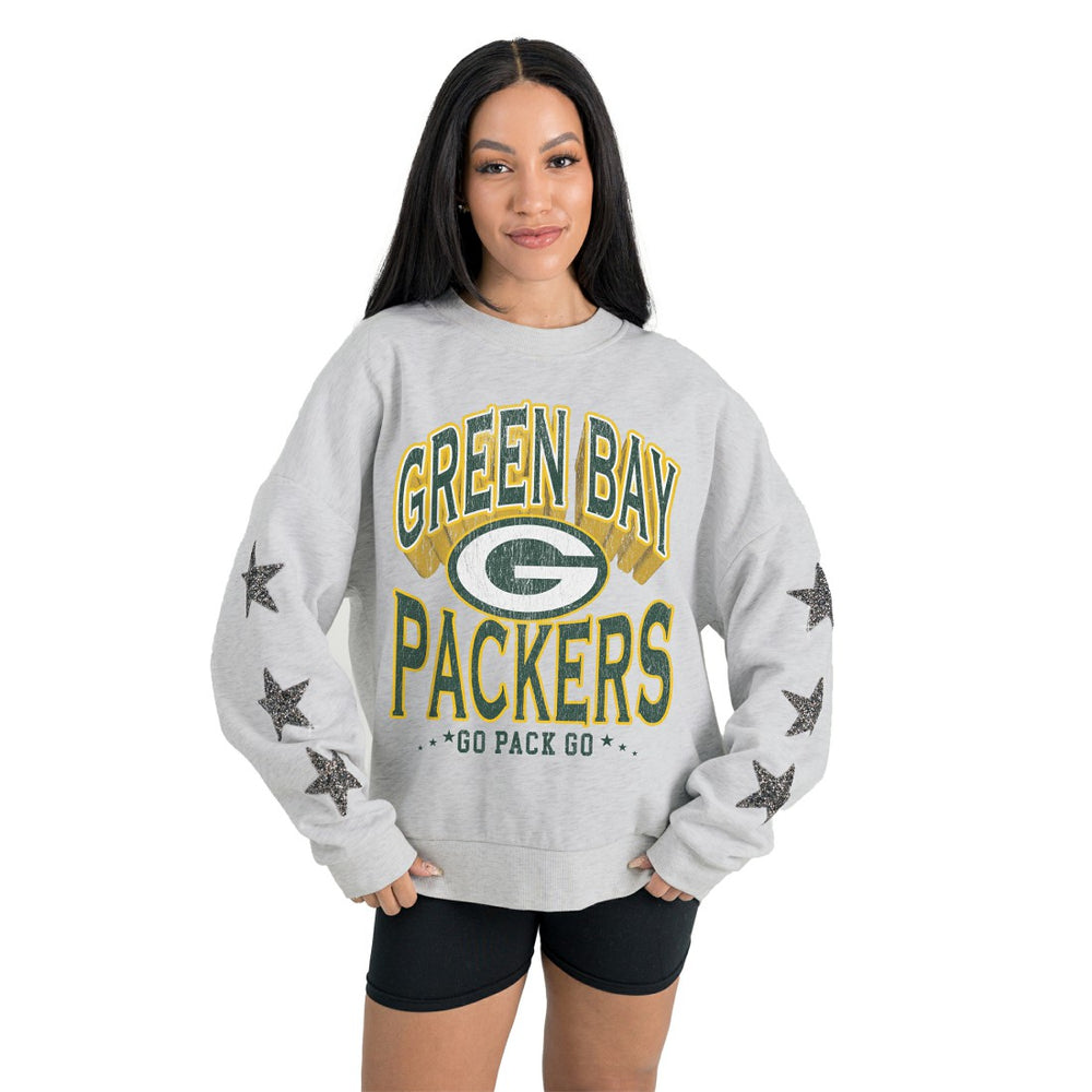 Green Bay Packers Gameday Couture Women's Resilience Relaxed Rhinestone Pullover Sweatshirt - Ash - NFL