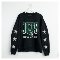 New York Jets Gameday Couture Women's Pure Victory Rhinestud Star-Sleeve Pullover Sweatshirt - Black - NFL