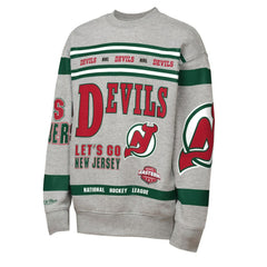 New Jersey Devils Mitchell & Ness Youth Allover Print Fleece Crewneck Sweatshirt - Heather Gray | NHL Lifestyle