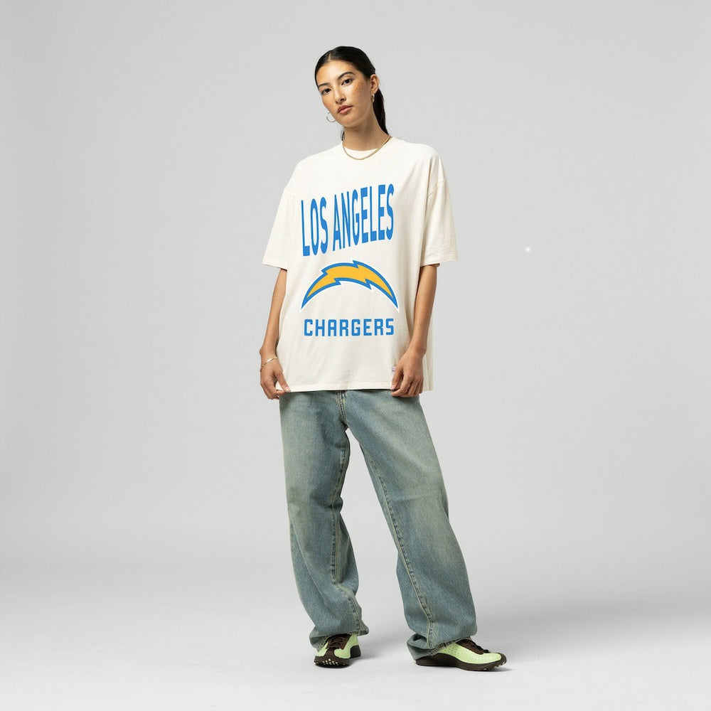 Los Angeles Chargers Women's Logo Rise Boyfriend T-Shirt - Cream - Mitchell & Ness