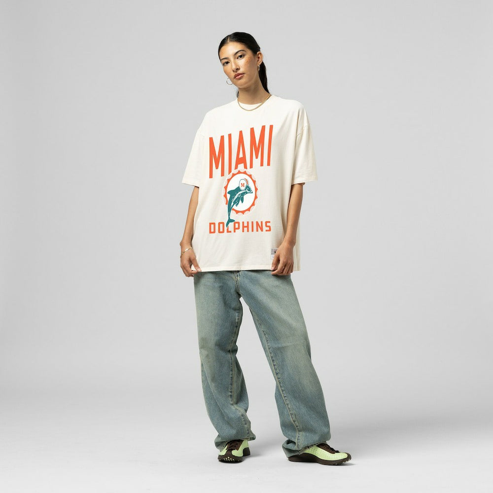 Miami Dolphins Women's Logo Rise Boyfriend T-Shirt - Cream - Mitchell & Ness