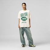 New York Jets Women's Logo Rise Boyfriend T-Shirt - Cream - Mitchell & Ness