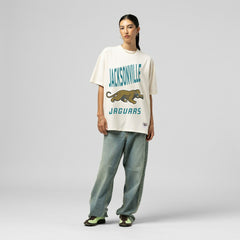 Jacksonville Jaguars Women's Logo Rise Boyfriend T-Shirt - Cream - Mitchell & Ness