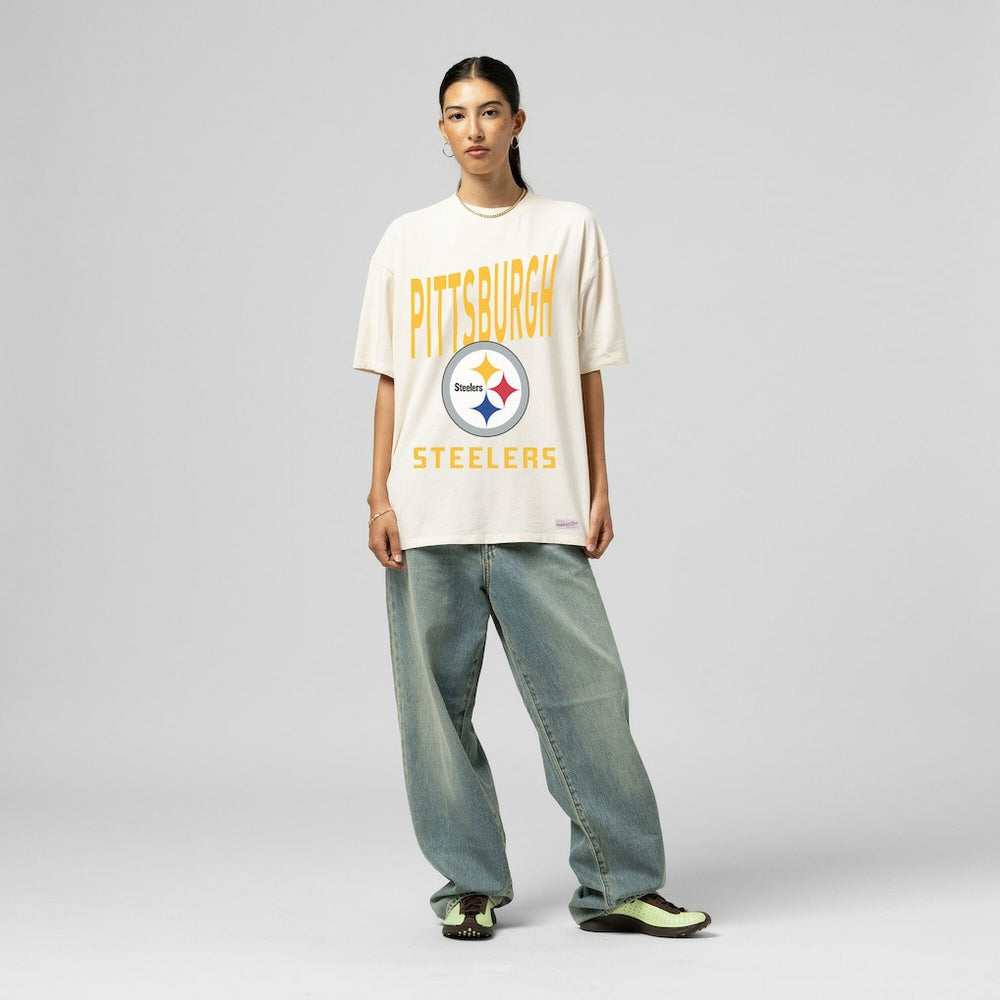Pittsburgh Steelers Women's Logo Rise Boyfriend T-Shirt - Cream - Mitchell & Ness