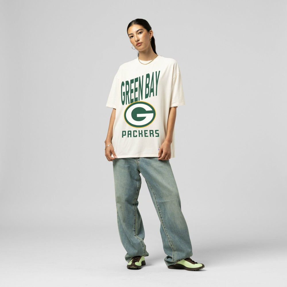 Green Bay Packers Women's Logo Rise Boyfriend T-Shirt - Cream - Mitchell & Ness