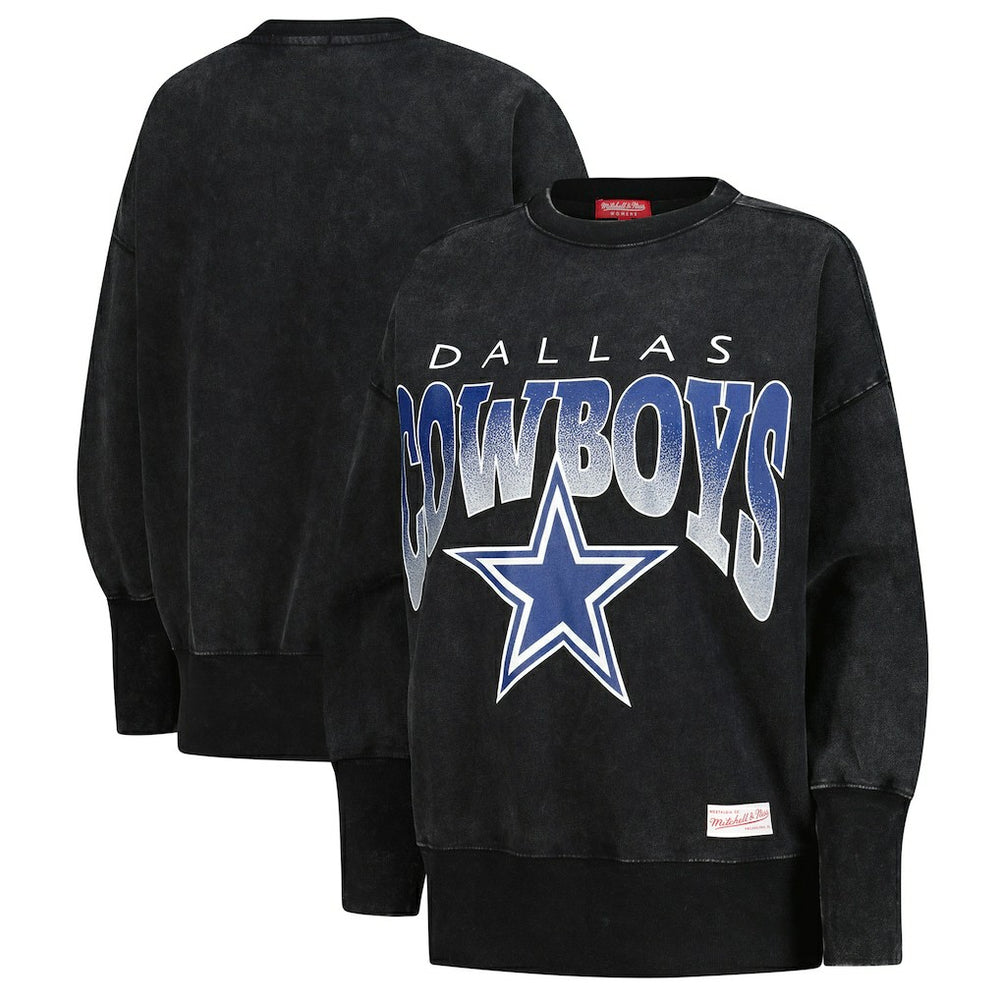 Dallas Cowboys Women's Delineate Mineral Wash Crewneck Sweatshirt - Black - Mitchell & Ness