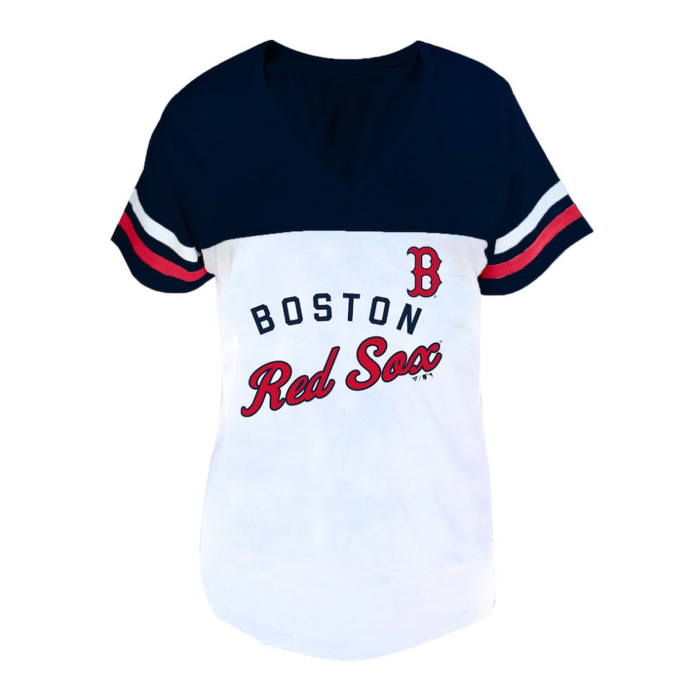 Boston Red Sox Profile Women's Plus Size Two-Stripe V-Neck T-Shirt Outlet